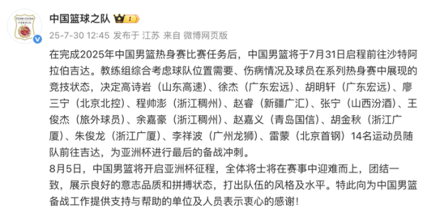9688策略宝 中国男篮即将开启亚洲杯征程，14名运动员明日随队前往沙特吉达